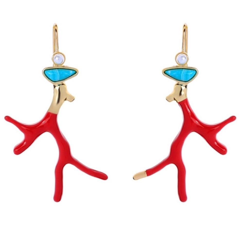 NWT Coral Drop Earrings | Red + Turquoise + Gold - Picture 1 of 8